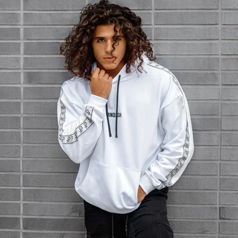 Men Oversized Pullover Hoodie Cotton Round Neck Embroidered Coat Gym Sports Fitness Sportswear Gym Running Training Loose Hoodie